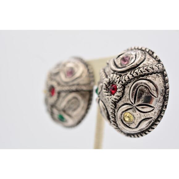 Vintage Chunky Clip On Earrings Crystal Antiqued Round Mod Dep Signed 1980s A21 - Picture 2 of 12